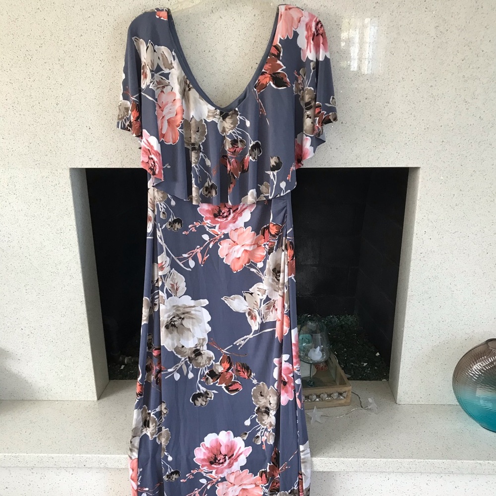 Pink Flowers on Gray long dress